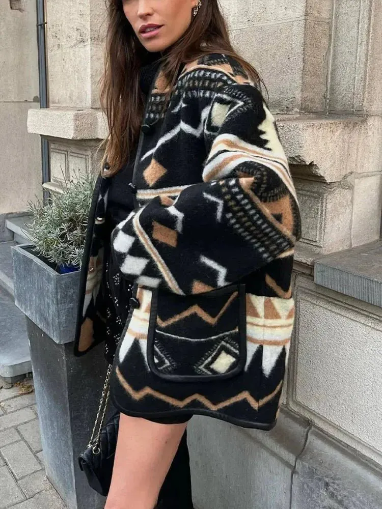 Camellia | Boho Aztec Wool Coat – Stylish & Warm Open Front Jacket for Women