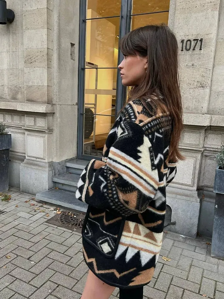Camellia | Boho Aztec Wool Coat – Stylish & Warm Open Front Jacket for Women