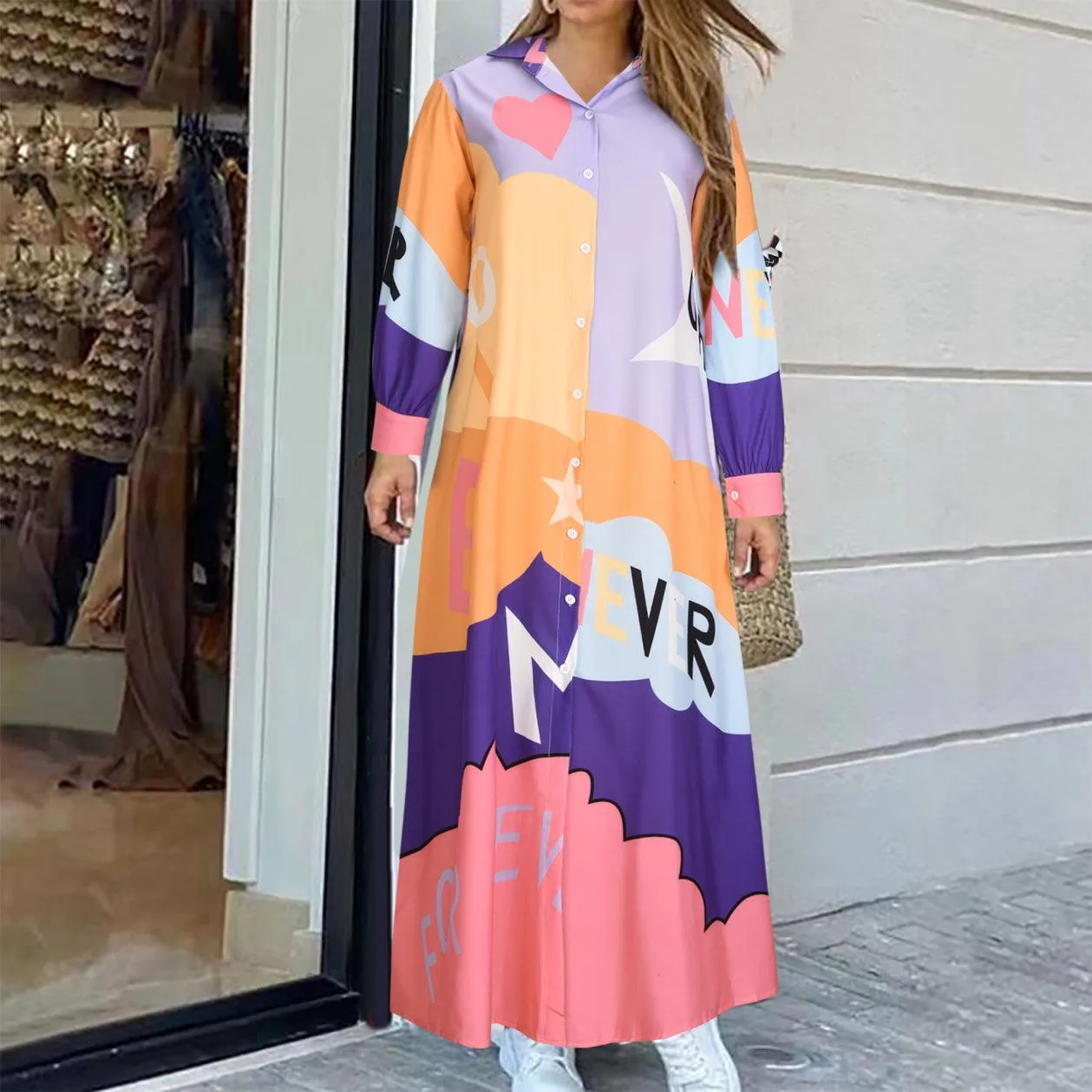 Casual Long Sleeve Printed Maxi Shirt Dress
