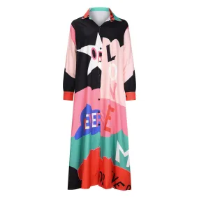 Casual Long Sleeve Printed Maxi Shirt Dress