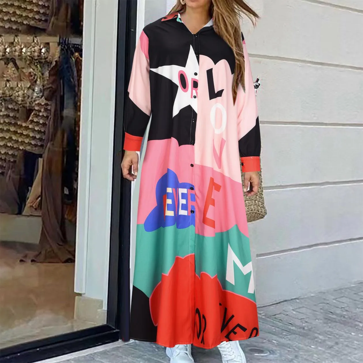 Casual Long Sleeve Printed Maxi Shirt Dress