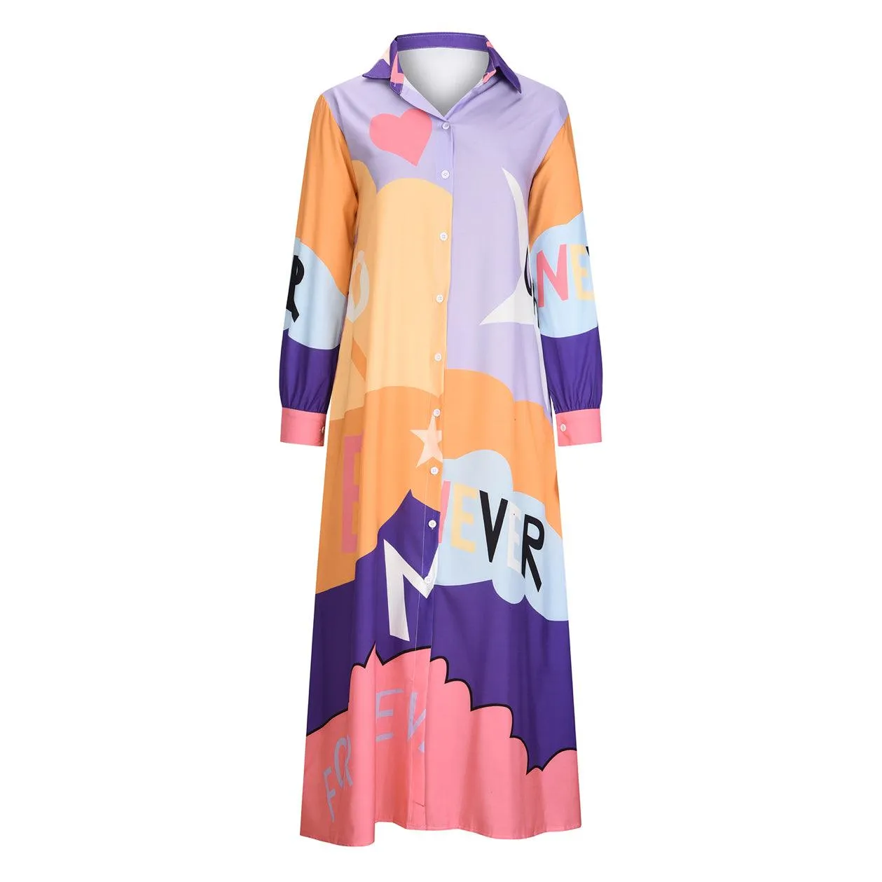 Casual Long Sleeve Printed Maxi Shirt Dress