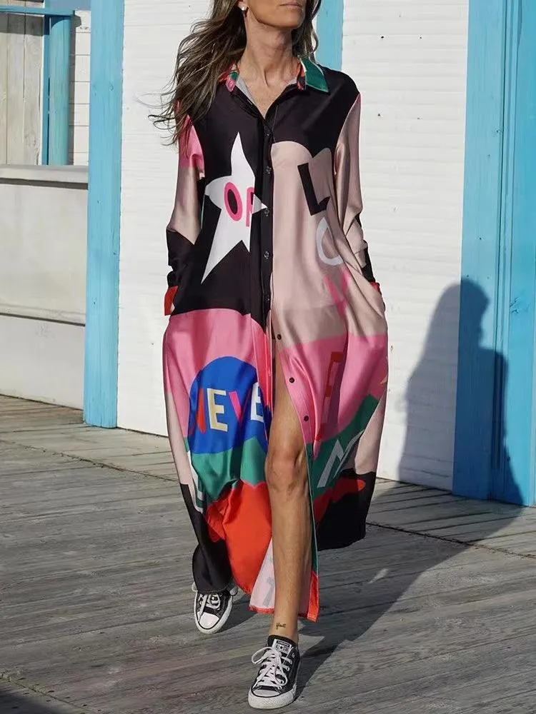 Casual Long Sleeve Printed Maxi Shirt Dress