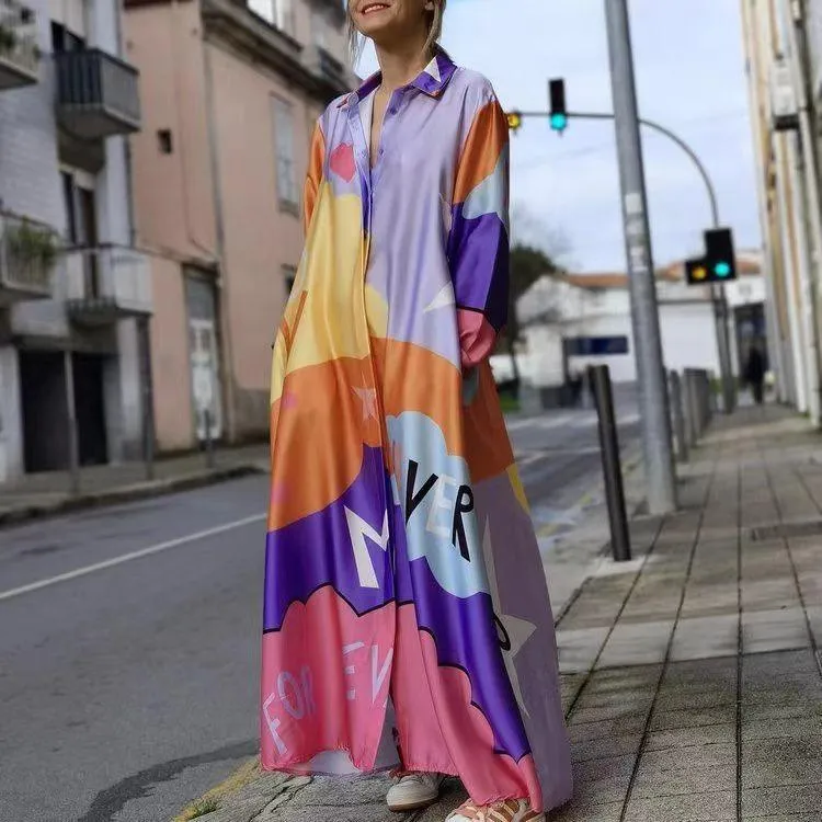 Casual Long Sleeve Printed Maxi Shirt Dress
