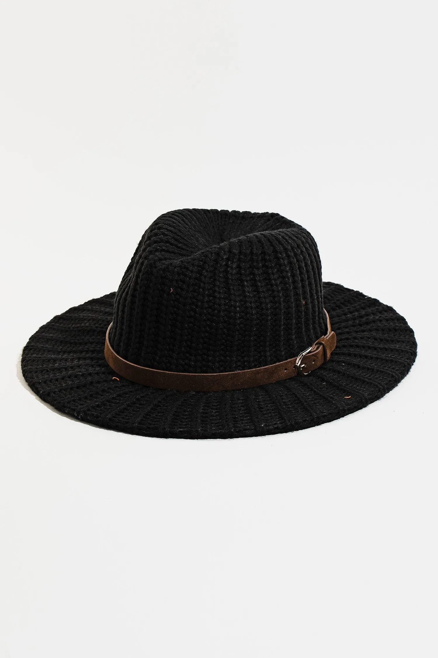Classic Wide-Brim Knit Fedora Hat with Buckle Detail