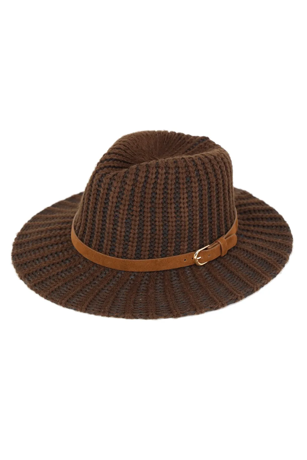 Classic Wide-Brim Knit Fedora Hat with Buckle Detail
