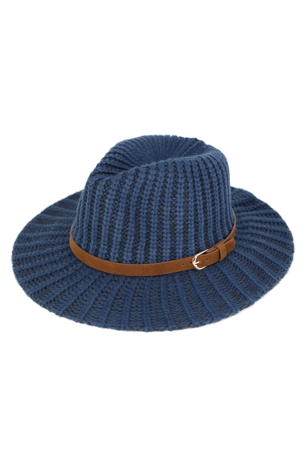 Classic Wide-Brim Knit Fedora Hat with Buckle Detail