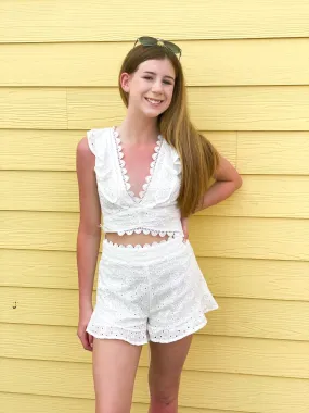 Embroidered Criss Cross Back Top - White