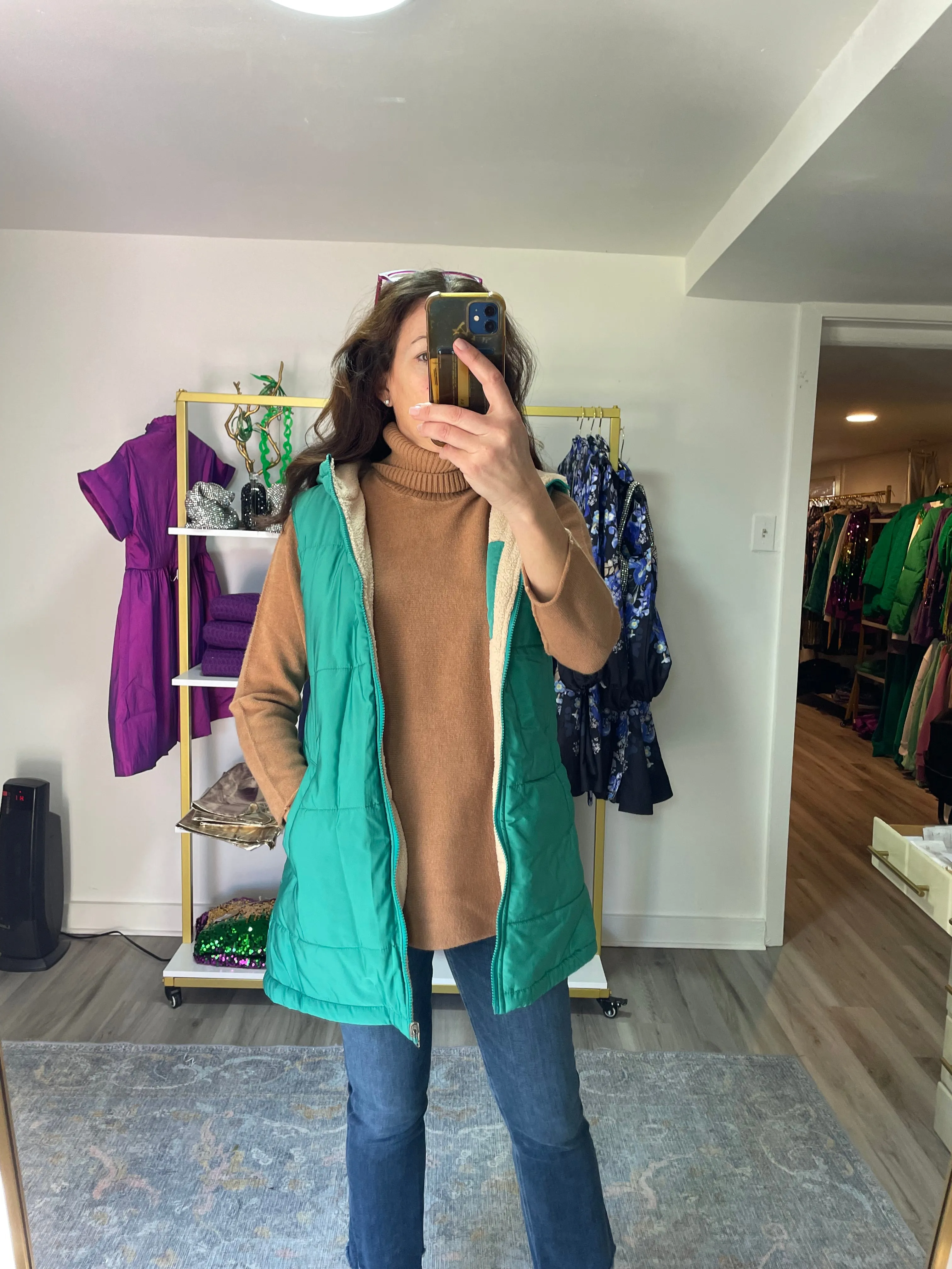 Green Puffer Vest with Fleece Lining