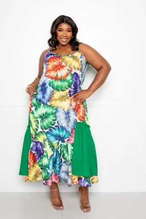 Green Splice Marble Print Tiered Shirt Tropical Women's Dress