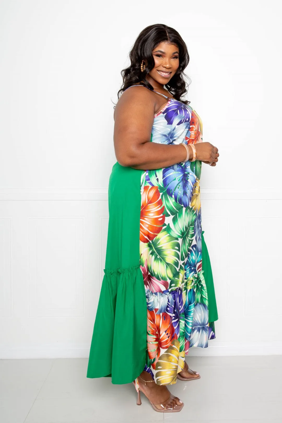 Green Splice Marble Print Tiered Shirt Tropical Women's Dress