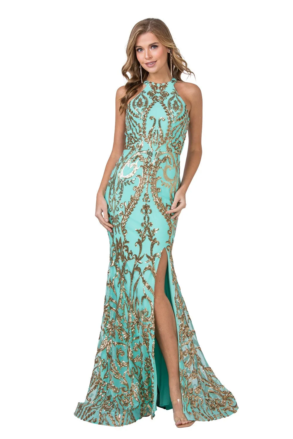 Hayley Gold Applique Floor Length Formal Gown