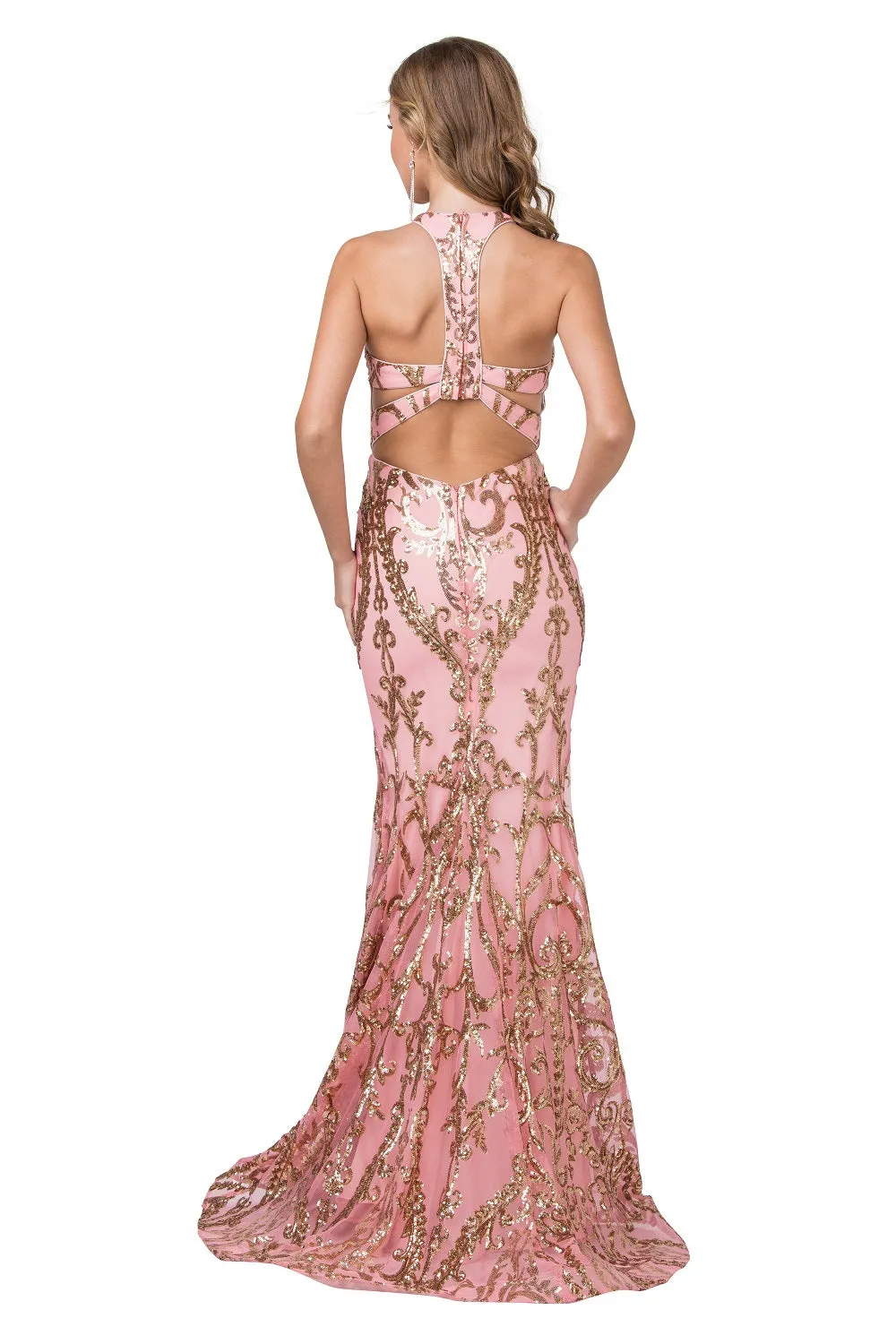 Hayley Gold Applique Floor Length Formal Gown
