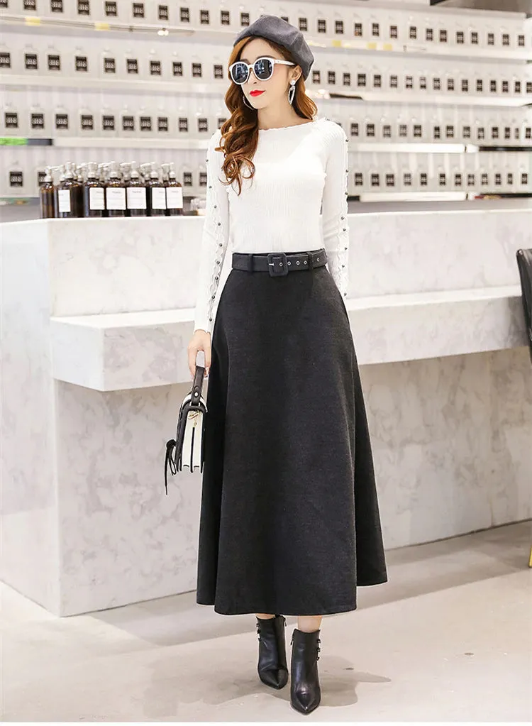 High Waist Woolen Skirt With Belt