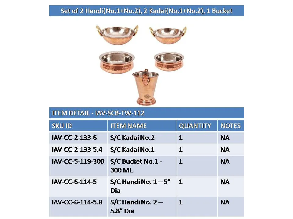 IndianArtVilla Handmade Pure Steel Copper 2 Kadhai 2 Handi 1 Bucket Serving Set