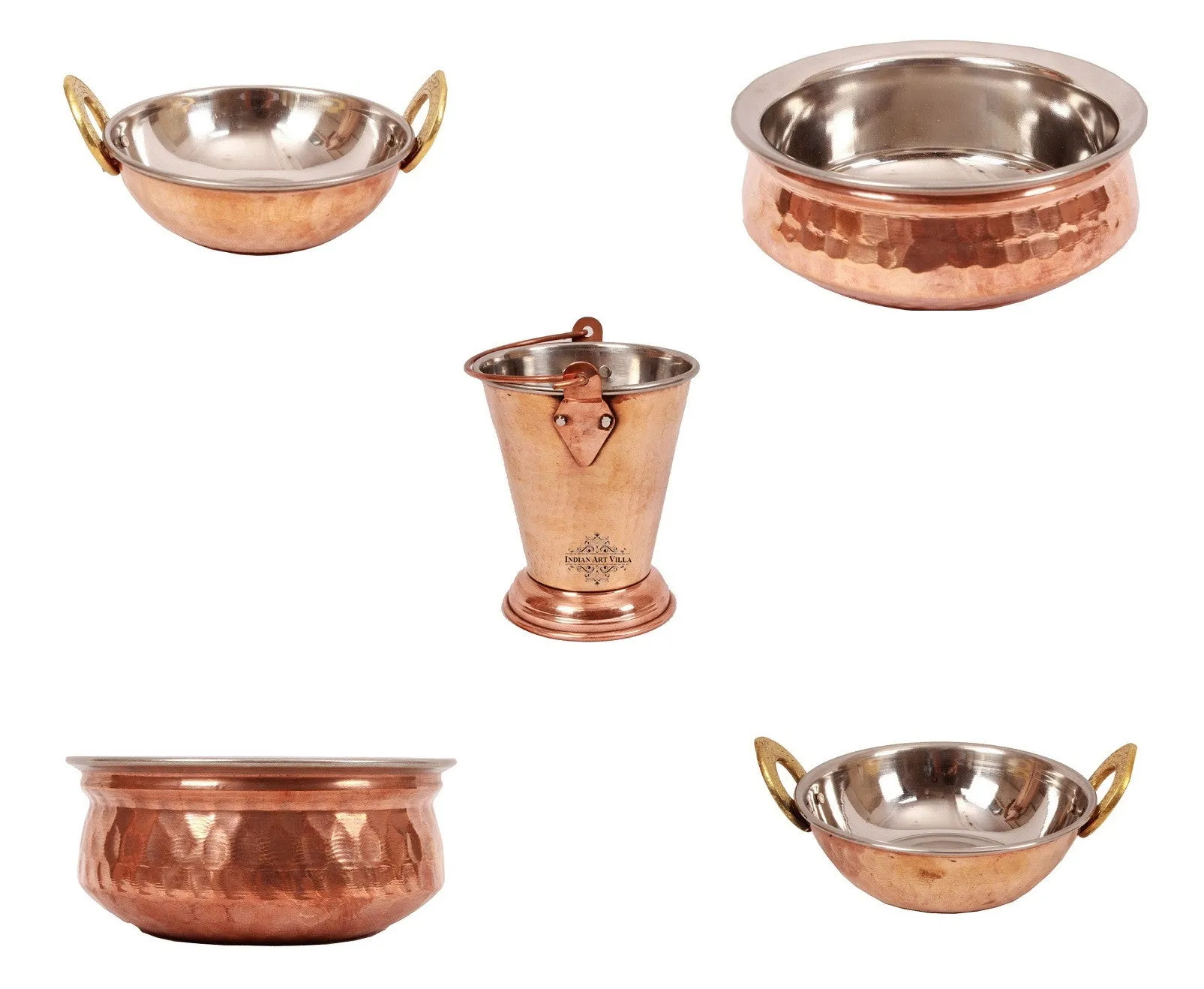 IndianArtVilla Handmade Pure Steel Copper 2 Kadhai 2 Handi 1 Bucket Serving Set
