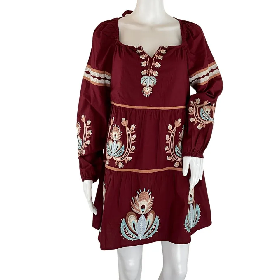 Letmebe Women's Forest Raspberry Embroidered Tunic Mini Dress Sz SP
