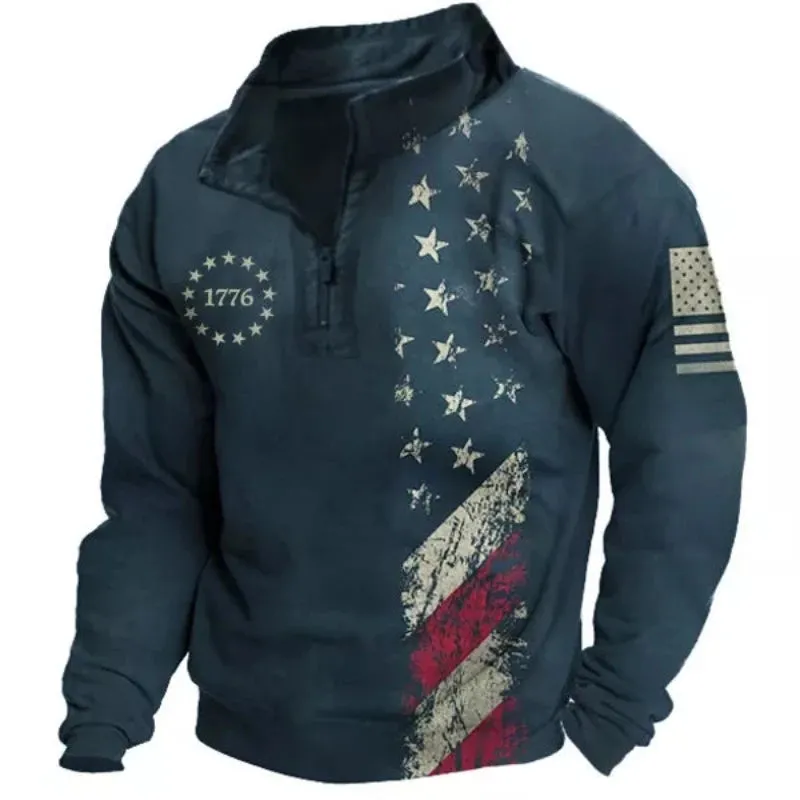 Men's Independence Day Printed Zipper Henley Sweatshirt