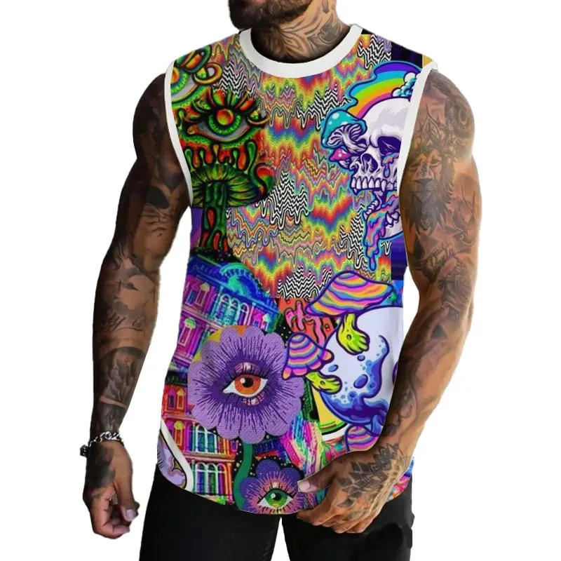 Men's Multicolor Mushroom Skeleton Eye Printed Casual Tank 88675018L