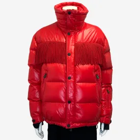 Moncler women's red laqué nylon goose down fringed puffer jacket