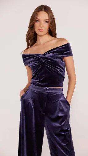 Nisha Velvet Off ShoulderTop- Slate Blue