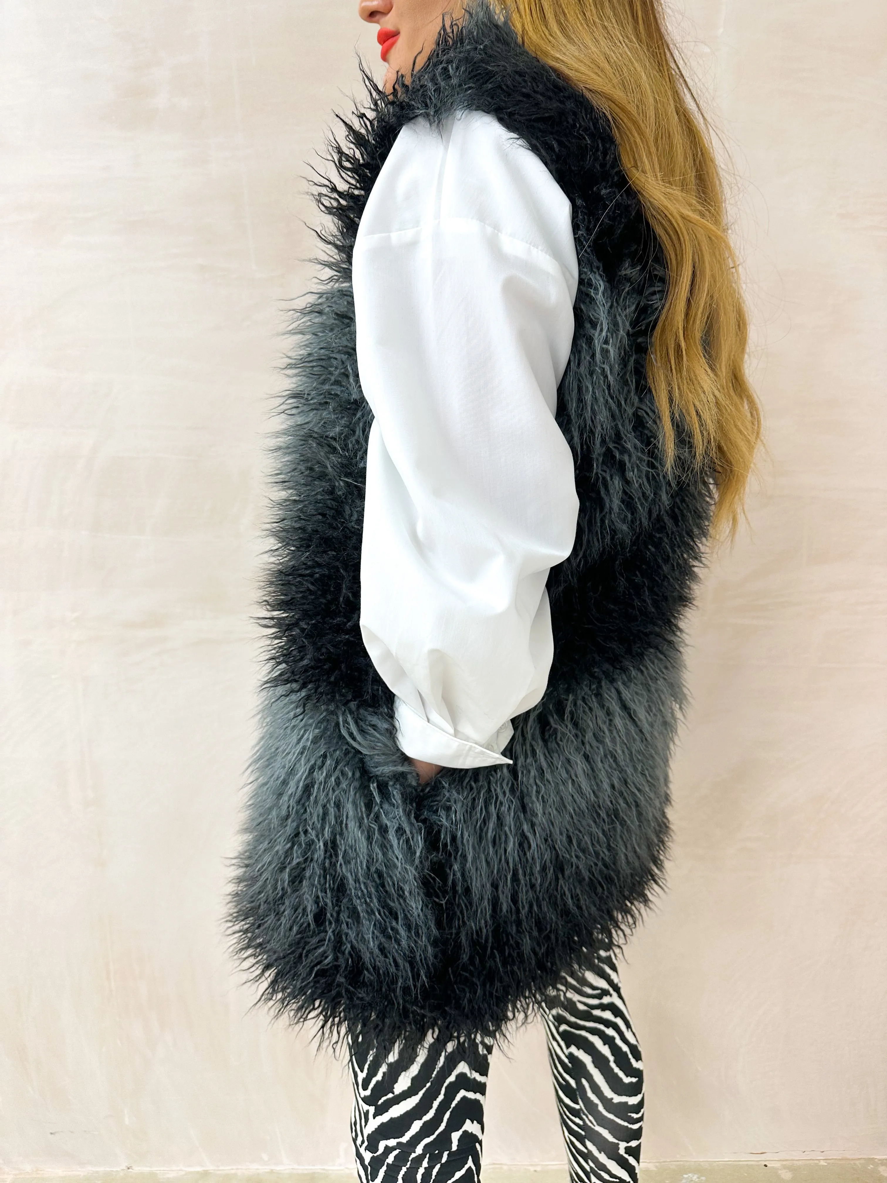 Shabby Faux Fur Gilet In Black/Grey Mix