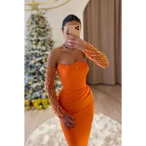 Sheath Strapless Beaded Long Sleeves Orange Prom Dress Evening Gowns