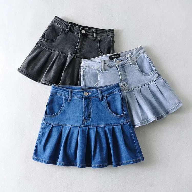 Short Pleated Jean Skirt
