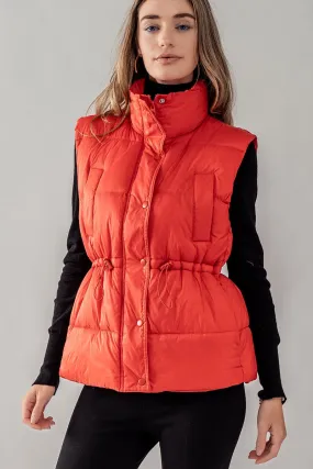 Tomato High Neck Toggle Waist Puffer Vest