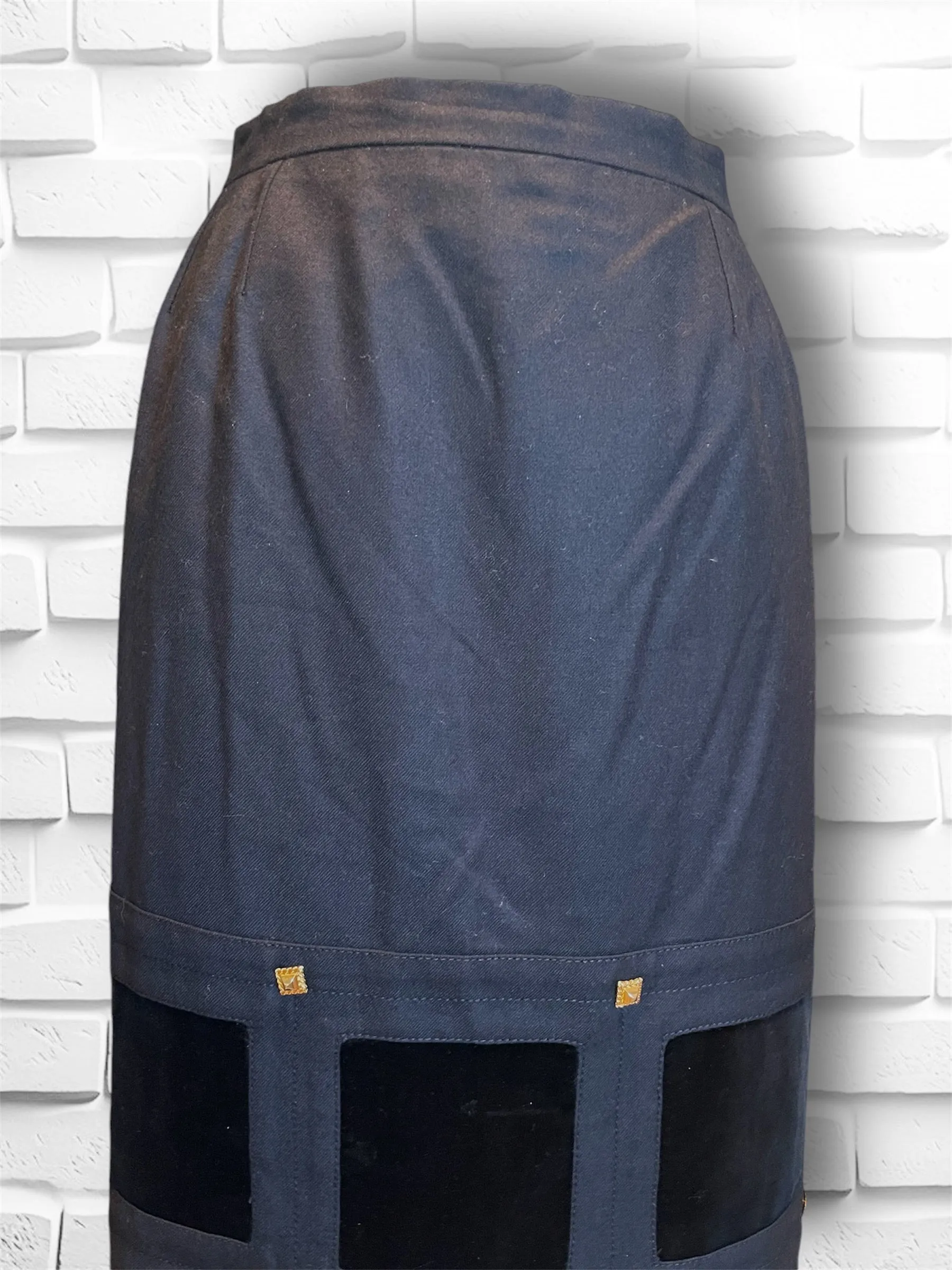 Vintage 1990’s Parisian Made Black Wool Skirt with Velvet Squares & Gold Rivets