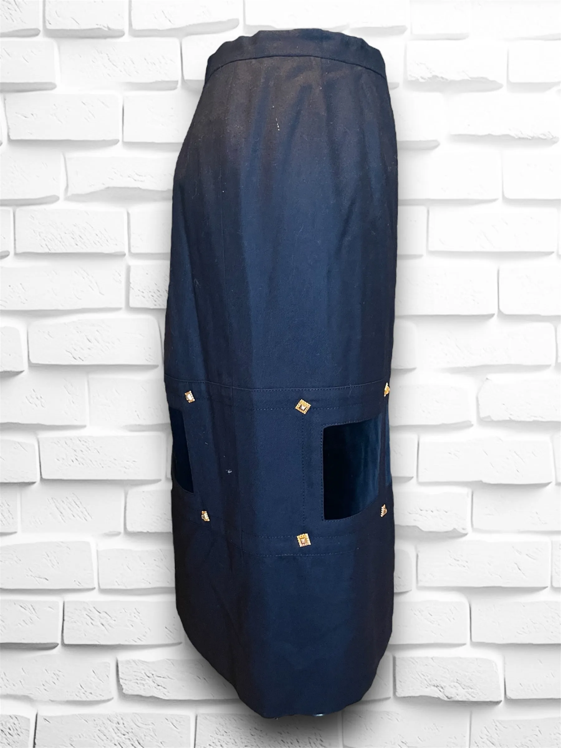 Vintage 1990’s Parisian Made Black Wool Skirt with Velvet Squares & Gold Rivets