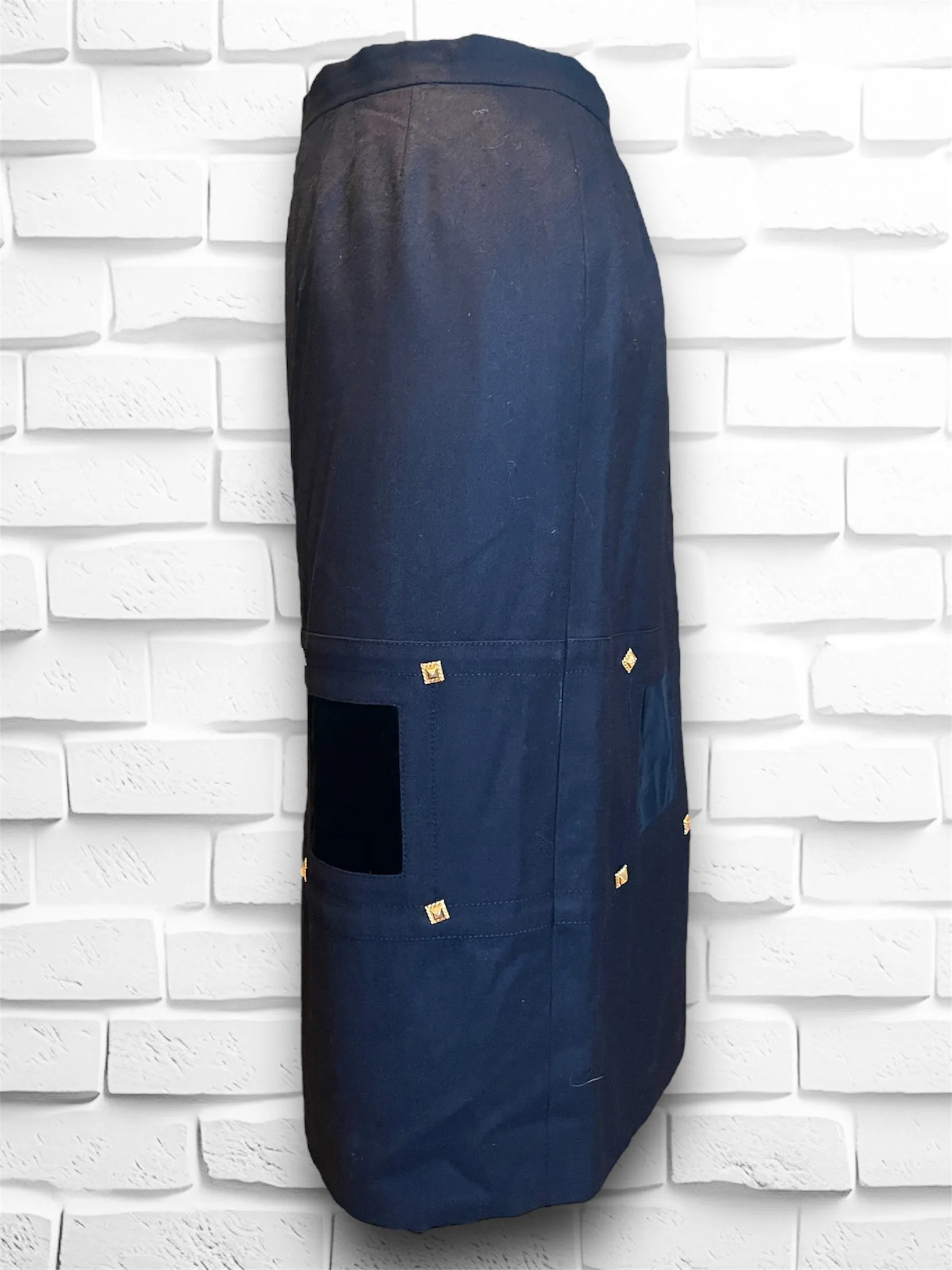 Vintage 1990’s Parisian Made Black Wool Skirt with Velvet Squares & Gold Rivets