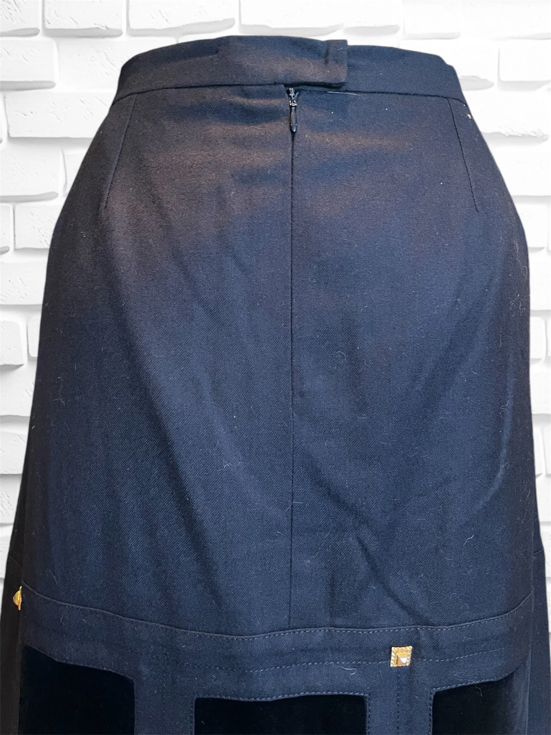 Vintage 1990’s Parisian Made Black Wool Skirt with Velvet Squares & Gold Rivets