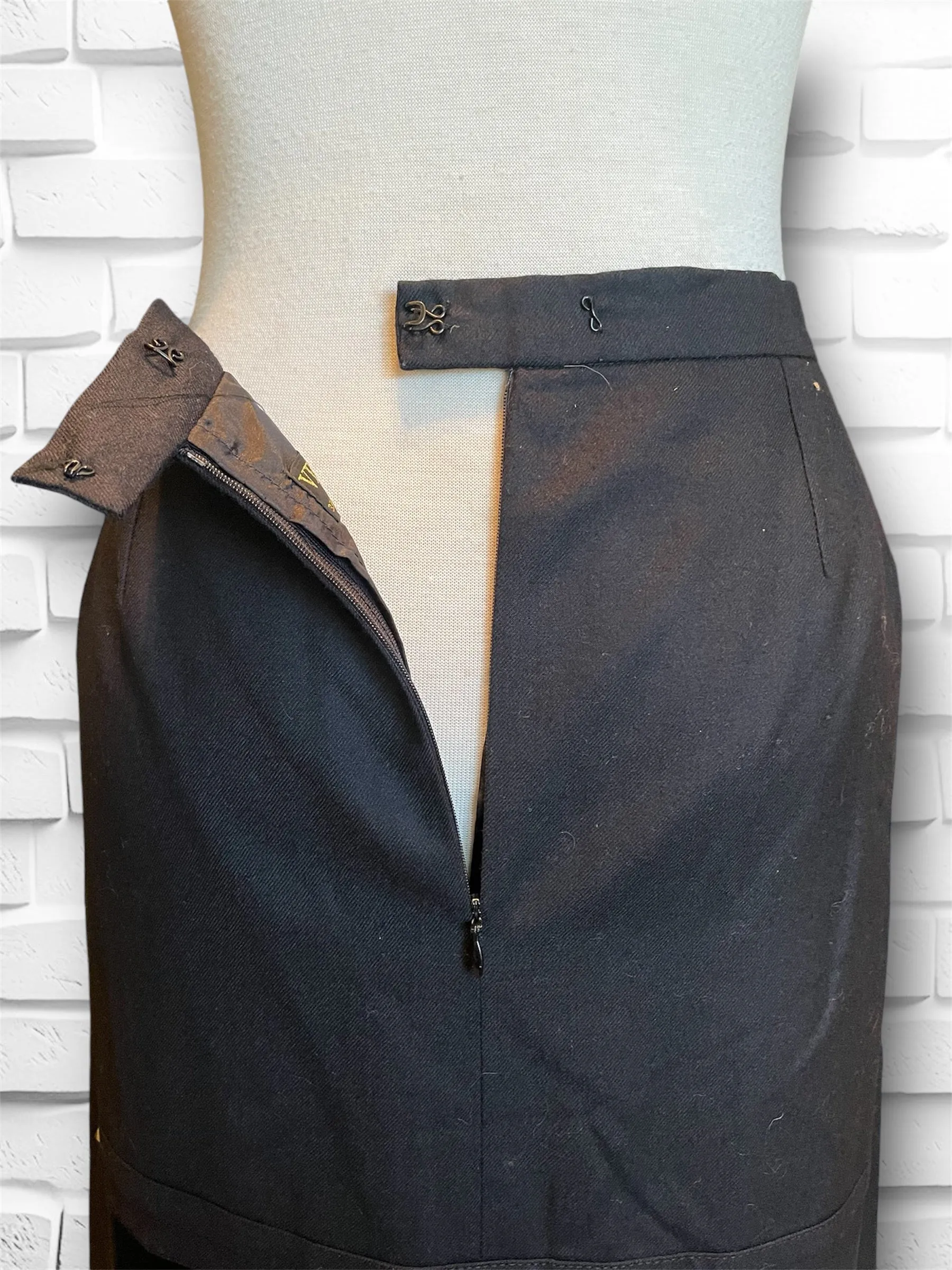 Vintage 1990’s Parisian Made Black Wool Skirt with Velvet Squares & Gold Rivets