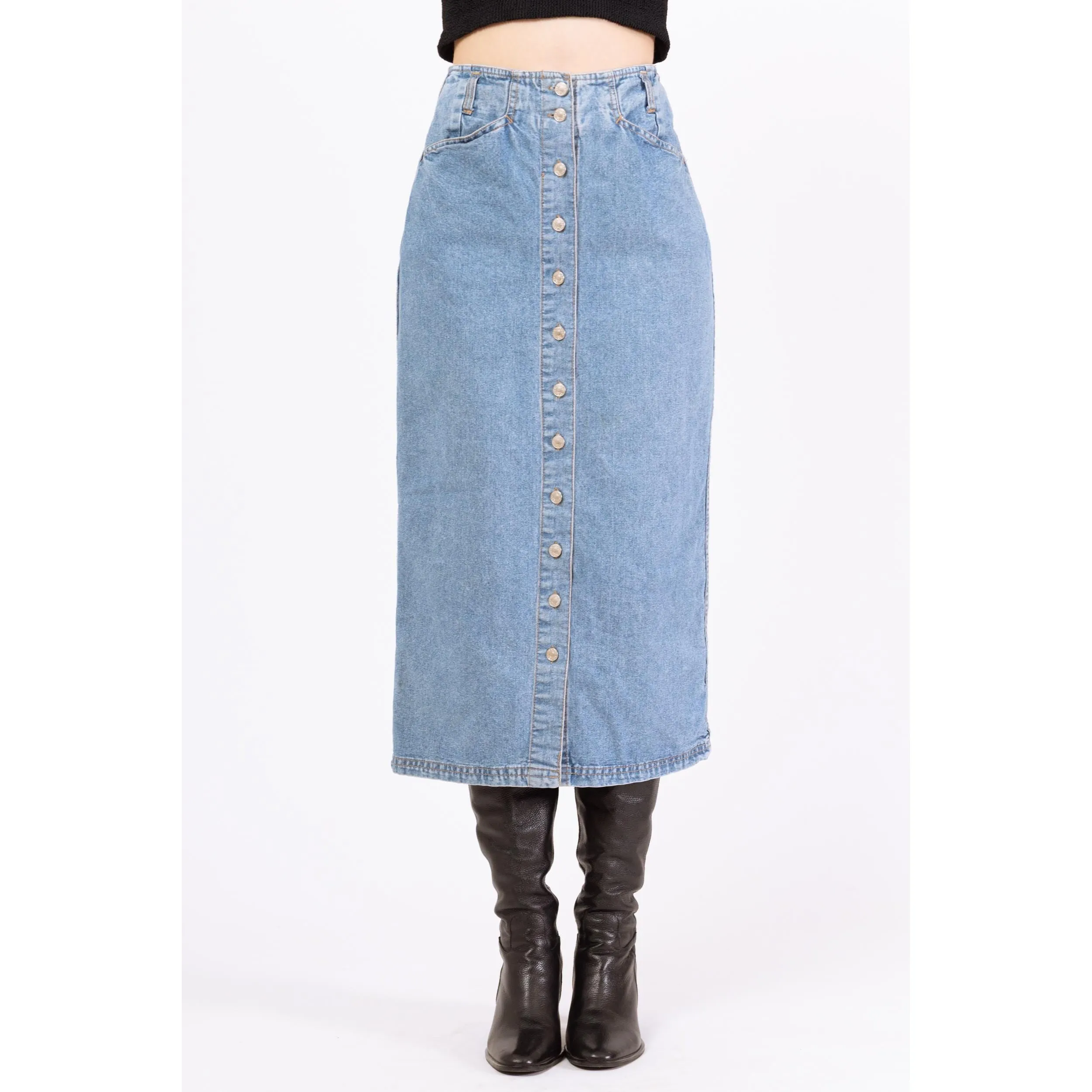Vintage 90s Denim High Waisted Midi Skirt - Small, 25"-27"