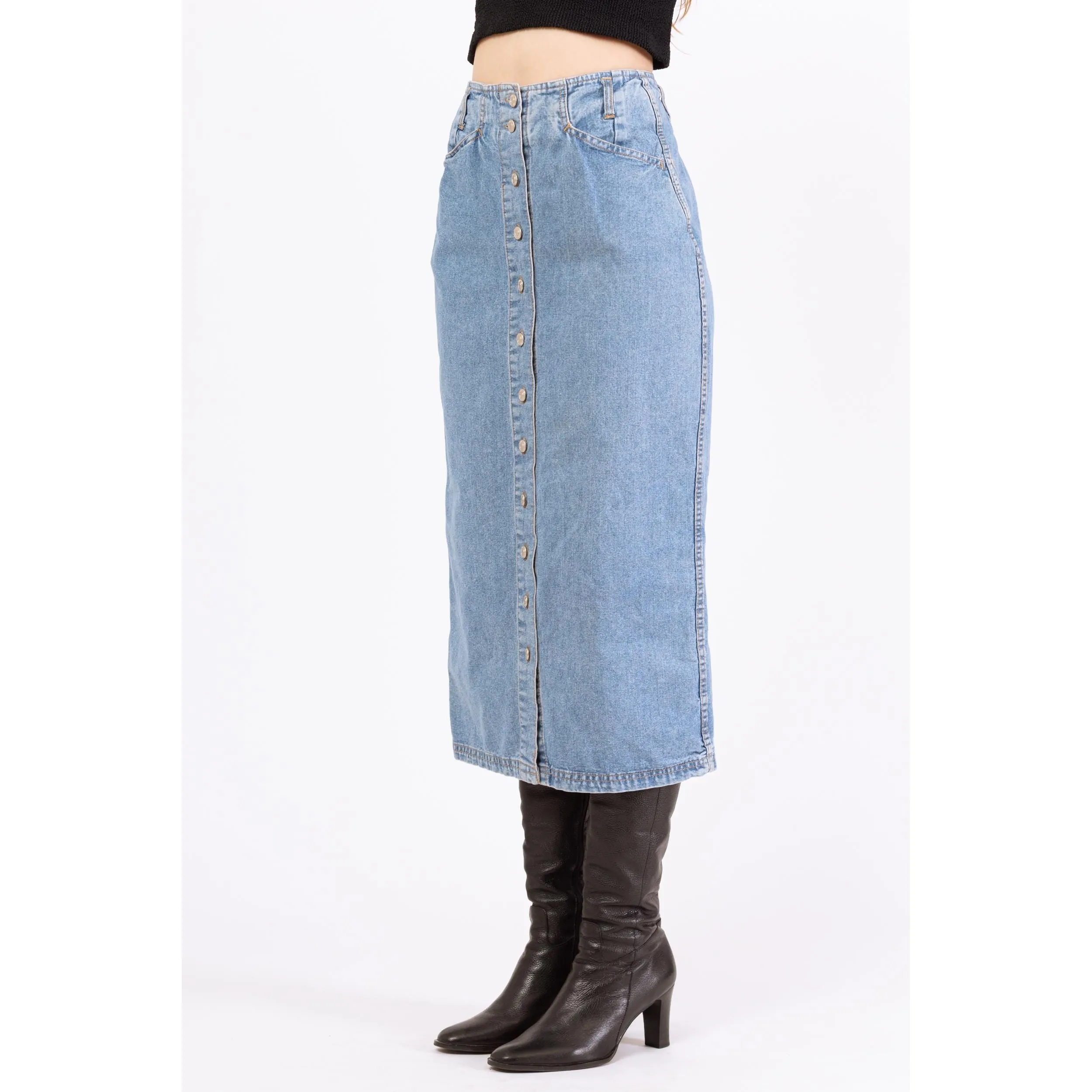 Vintage 90s Denim High Waisted Midi Skirt - Small, 25"-27"