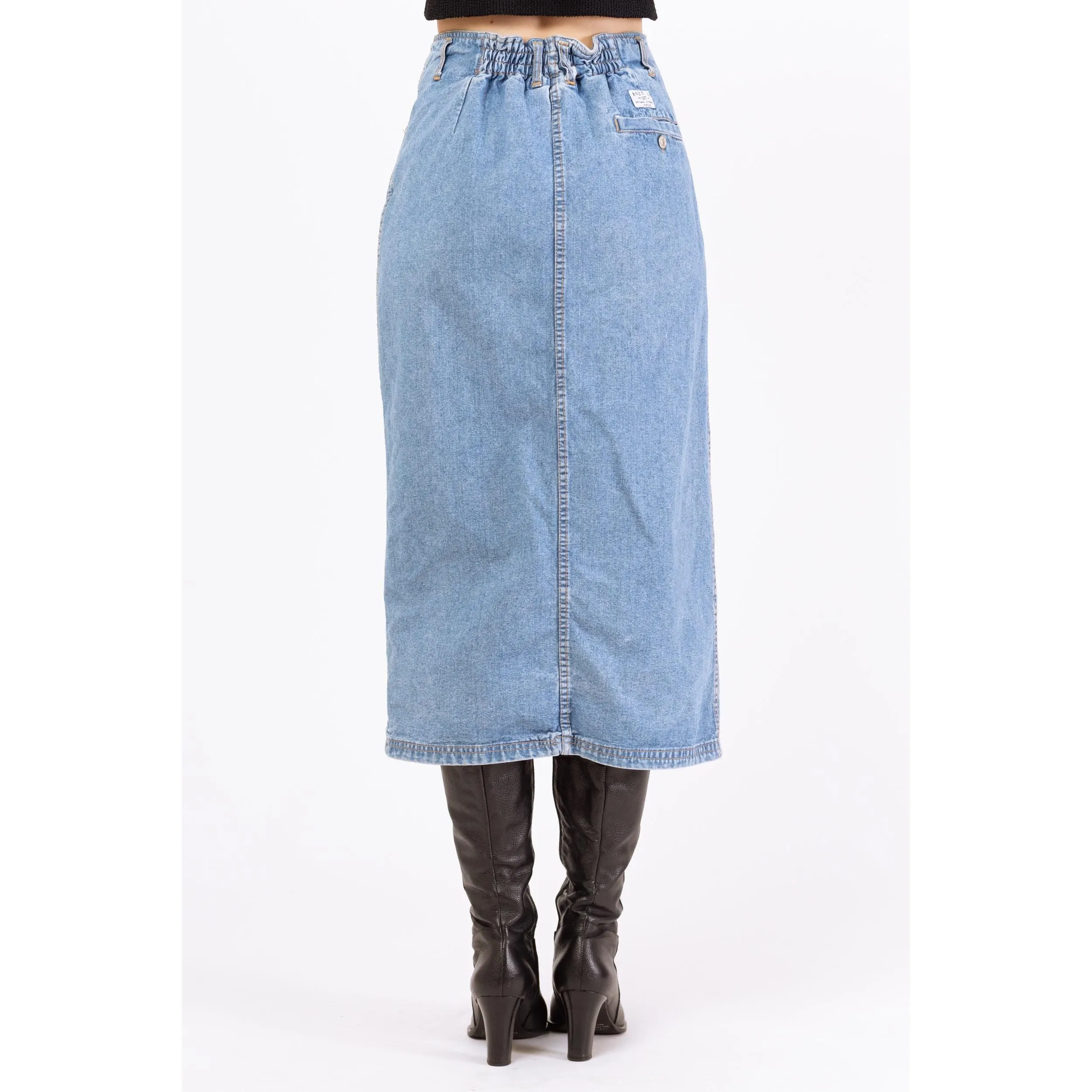 Vintage 90s Denim High Waisted Midi Skirt - Small, 25"-27"
