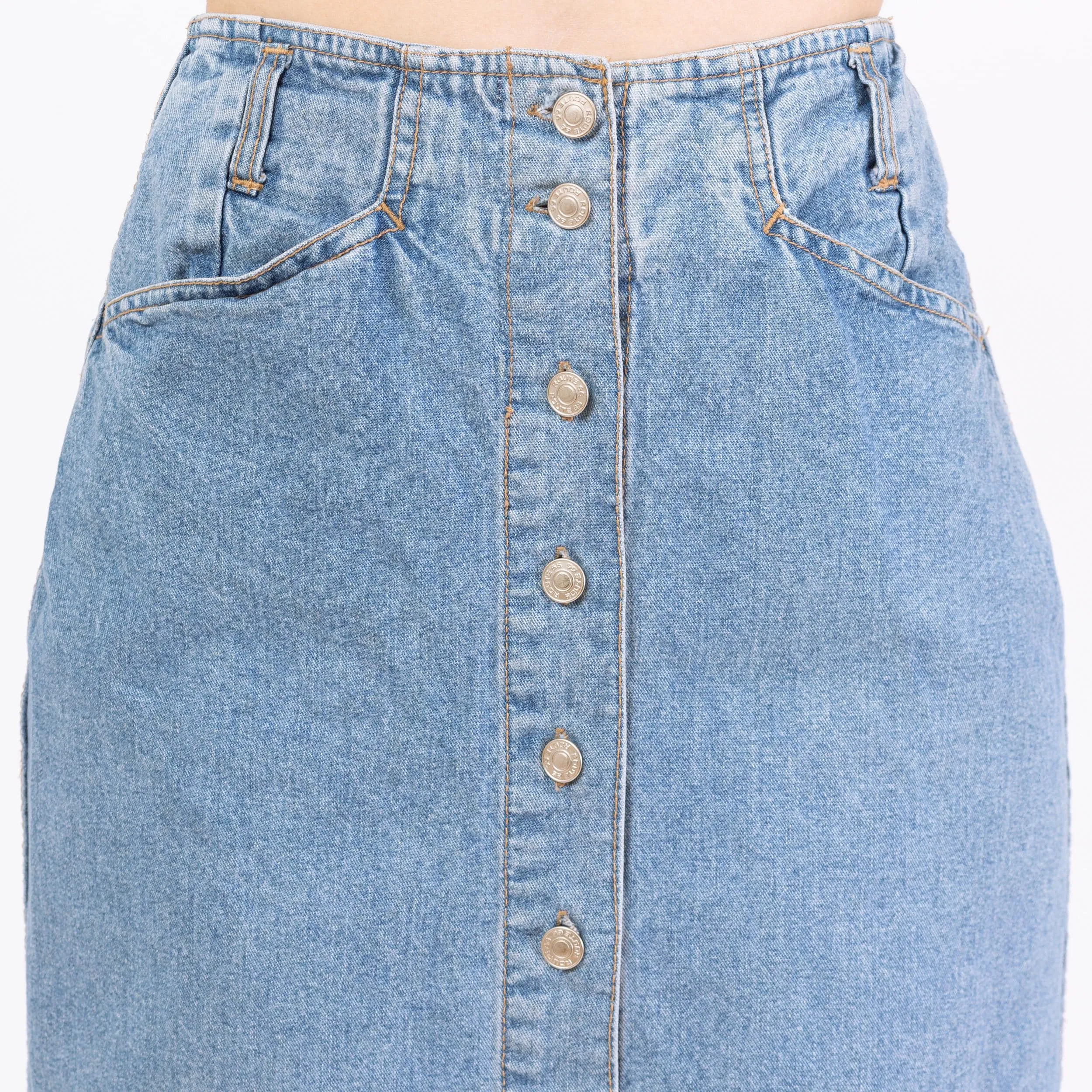 Vintage 90s Denim High Waisted Midi Skirt - Small, 25"-27"