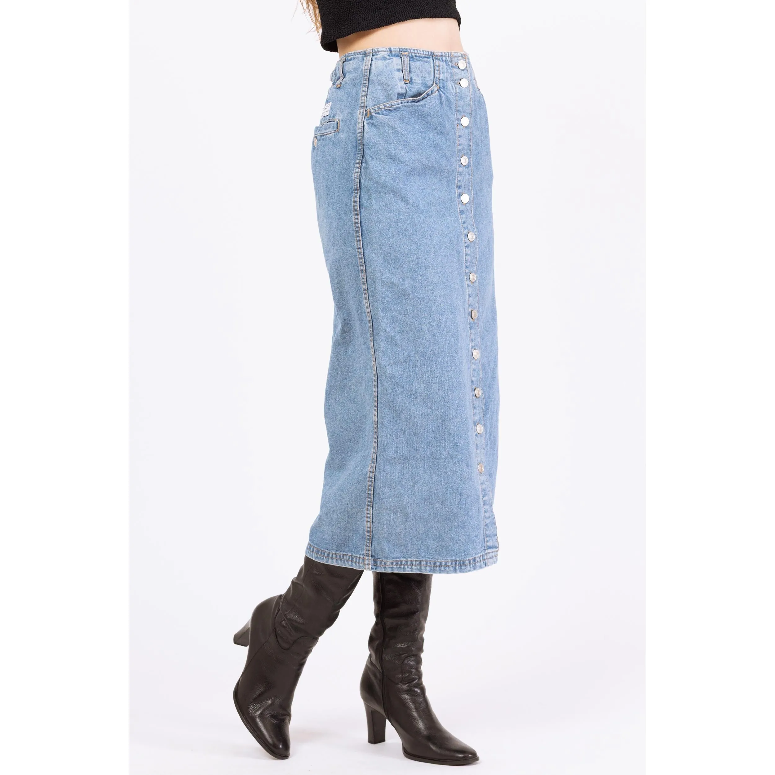 Vintage 90s Denim High Waisted Midi Skirt - Small, 25"-27"