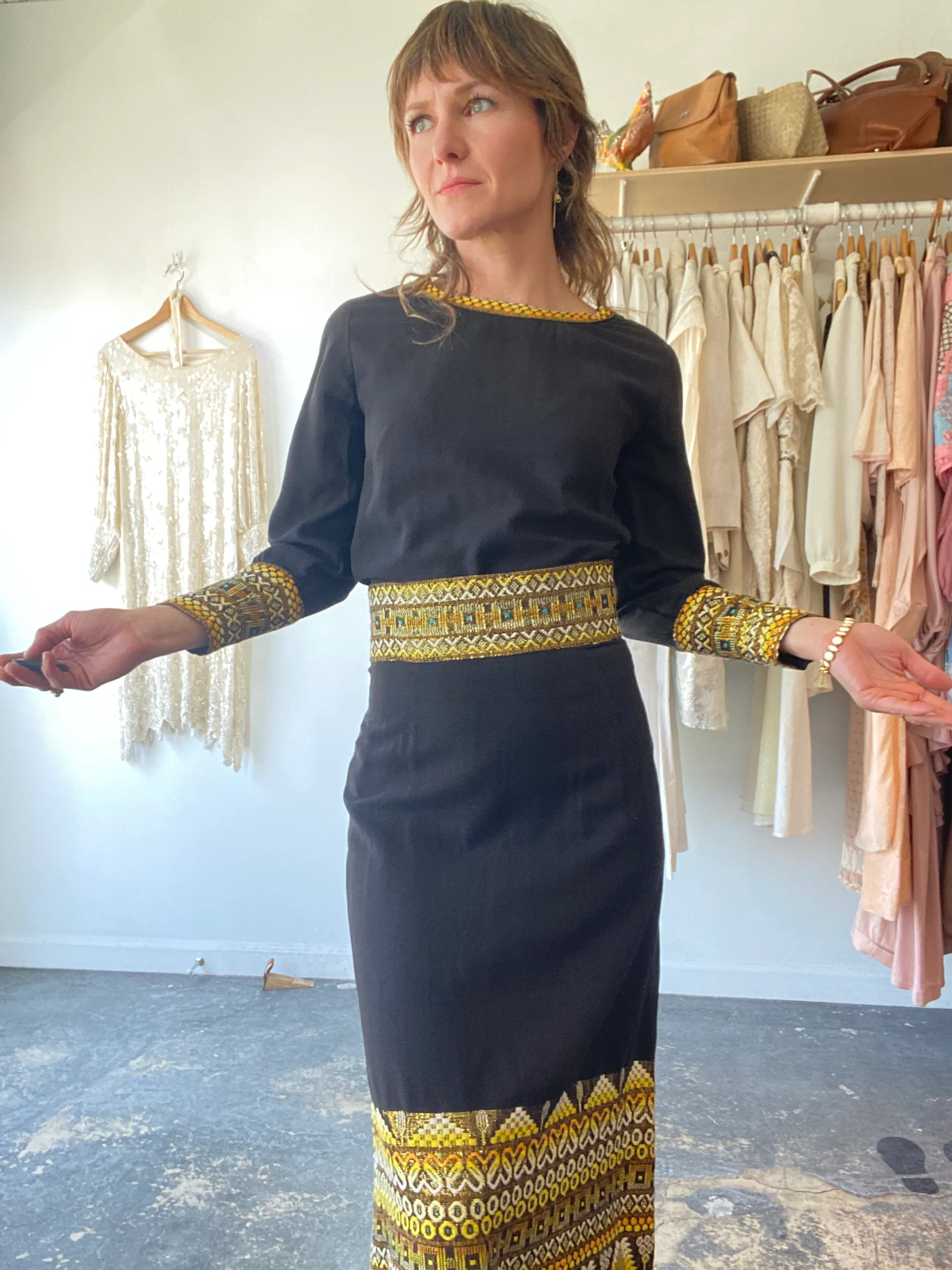 Vintage Black with Yellow Embroidery Skirt Set