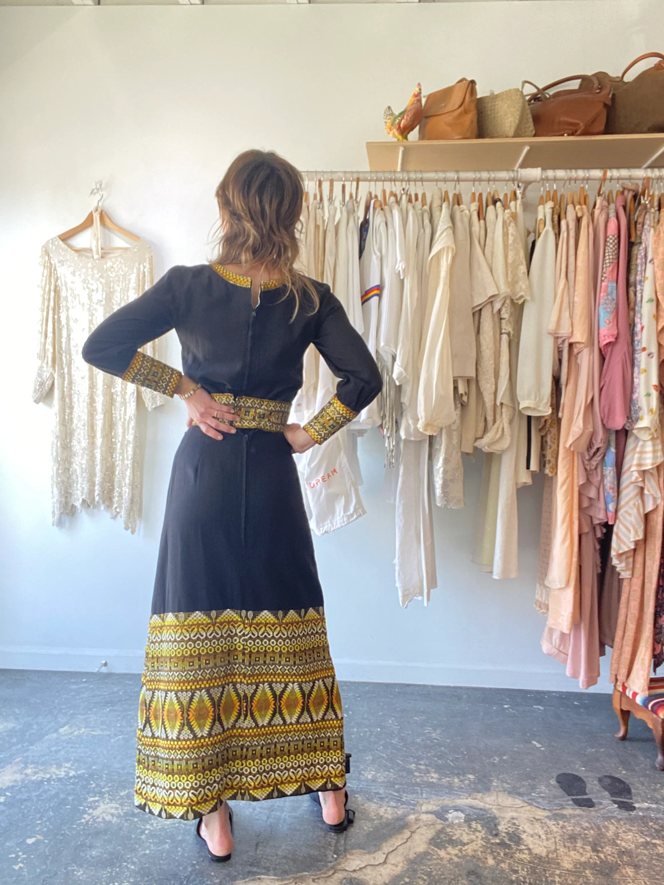 Vintage Black with Yellow Embroidery Skirt Set