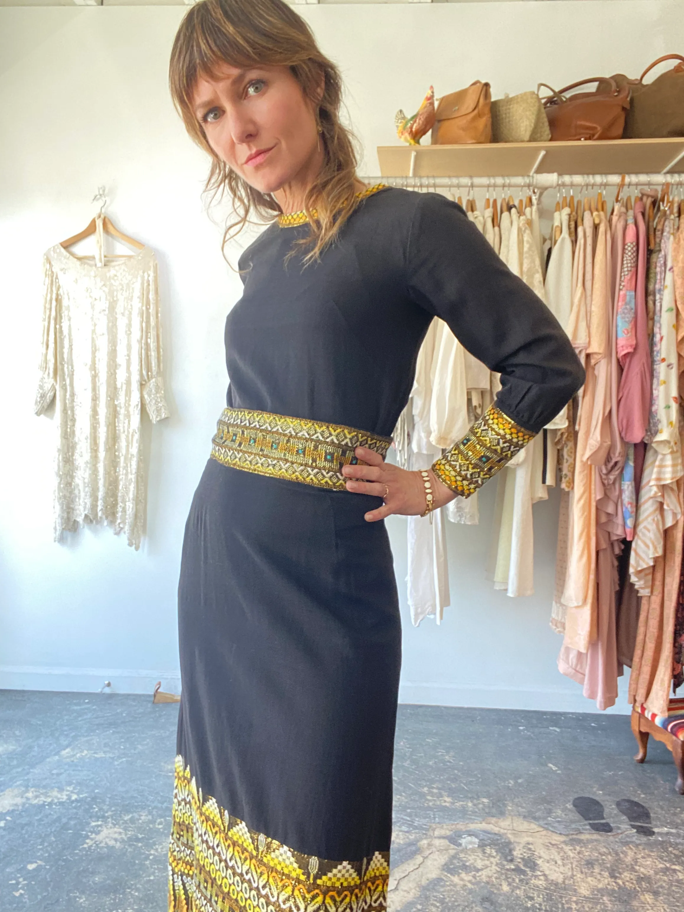 Vintage Black with Yellow Embroidery Skirt Set
