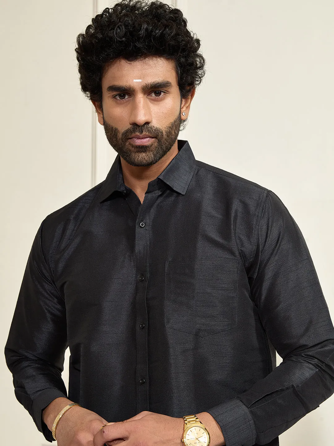 VM By VASTRAMAY Men's Black Silk Blend Ethnic Shirt