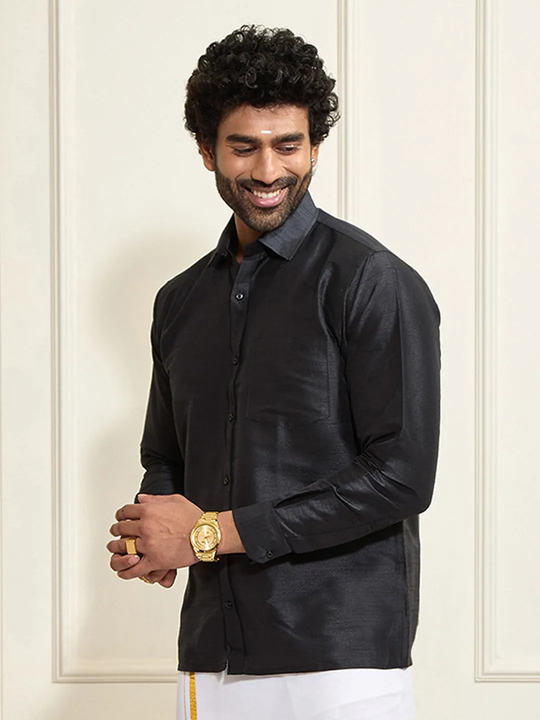 VM By VASTRAMAY Men's Black Silk Blend Ethnic Shirt