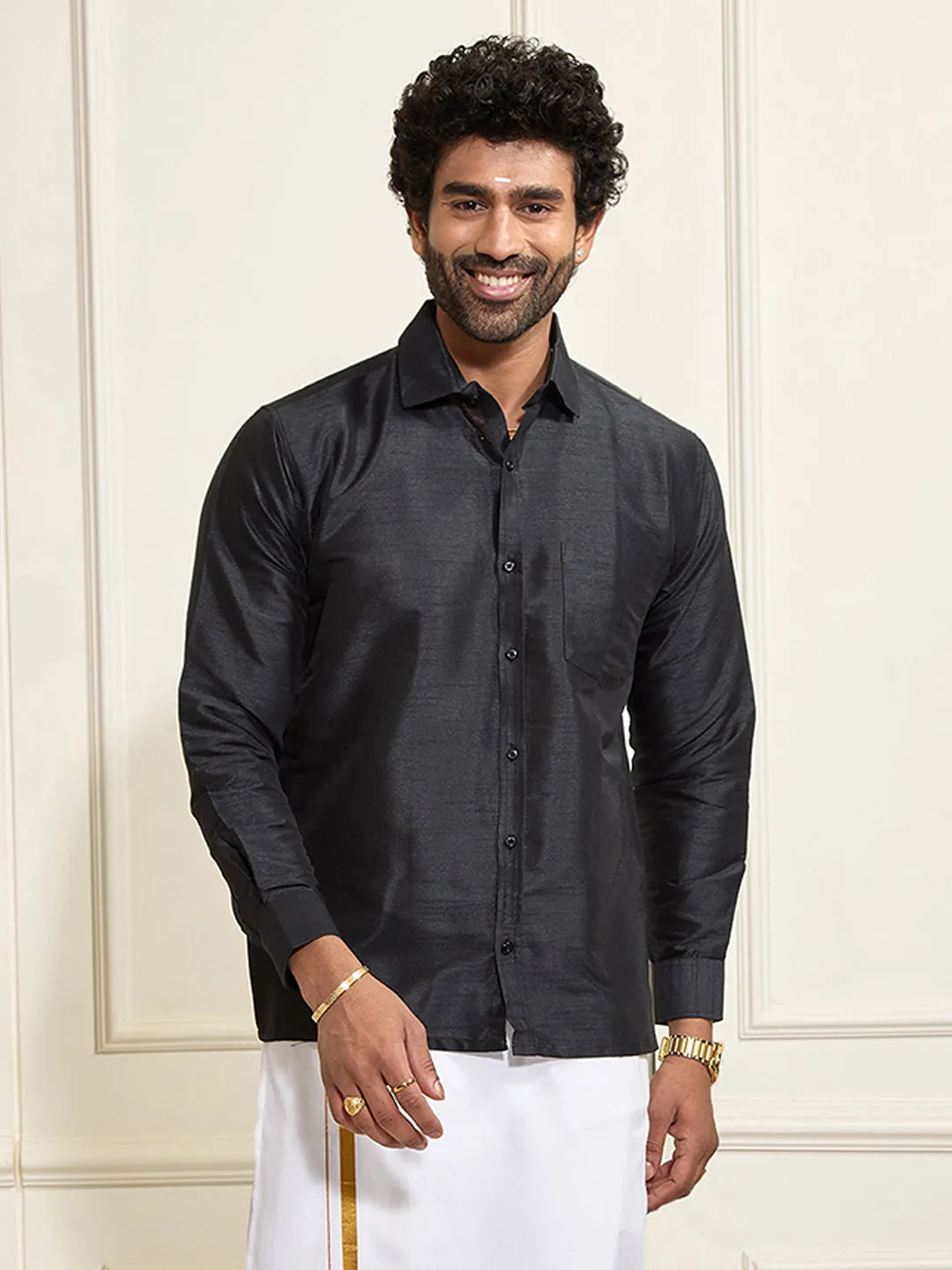 VM By VASTRAMAY Men's Black Silk Blend Ethnic Shirt