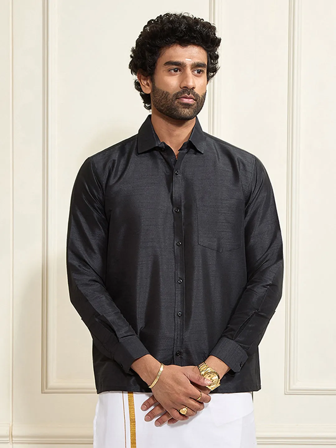 VM By VASTRAMAY Men's Black Silk Blend Ethnic Shirt