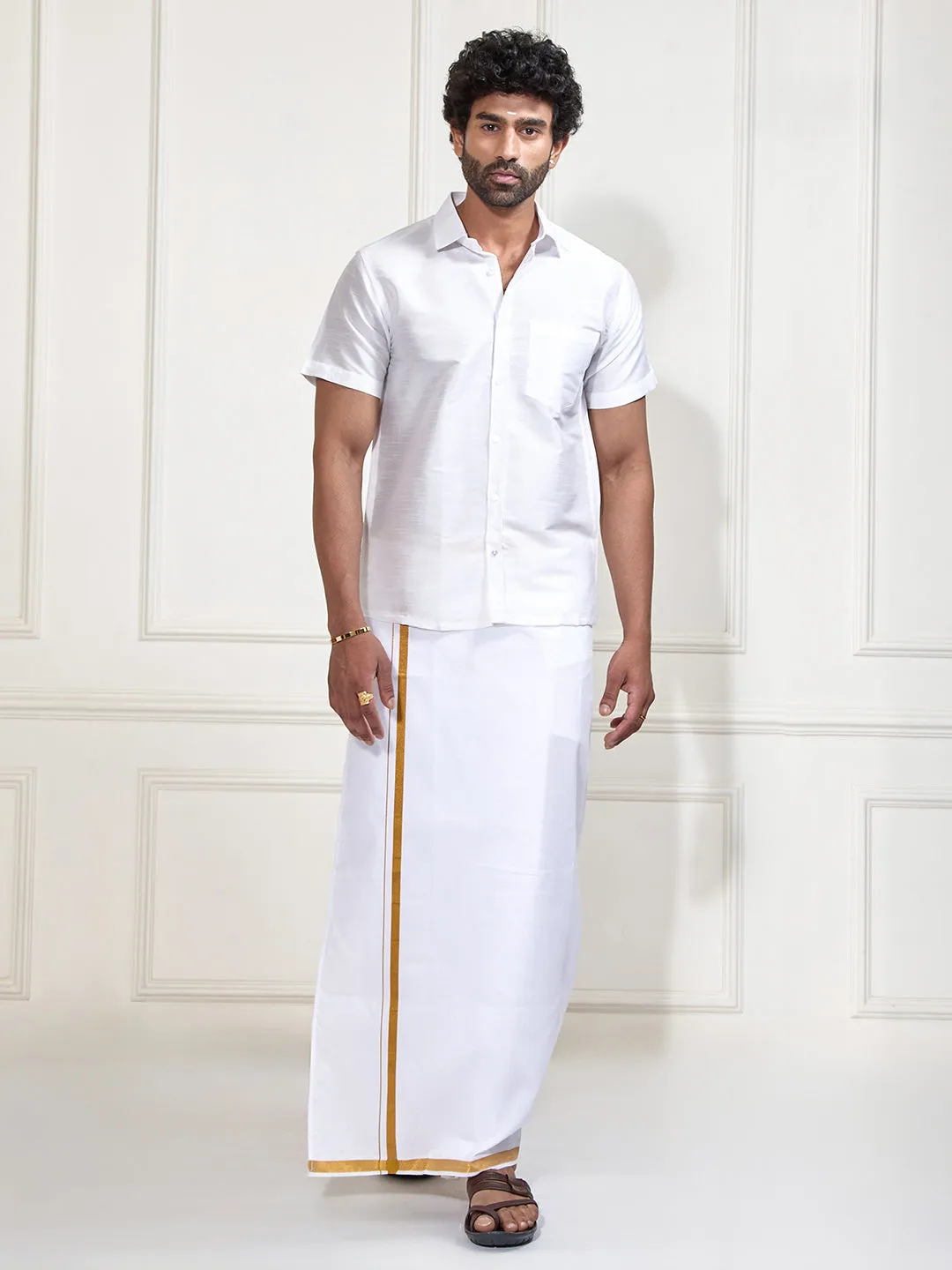 VM By VASTRAMAY Men's White Silk Blend Shirt And Mundu Set