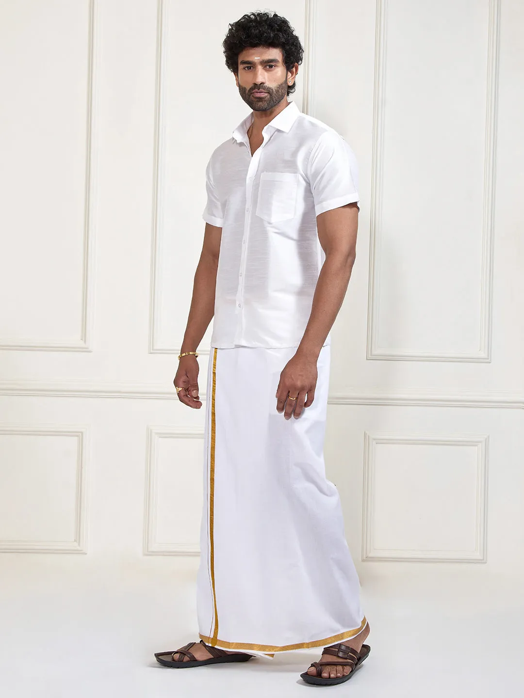 VM By VASTRAMAY Men's White Silk Blend Shirt And Mundu Set