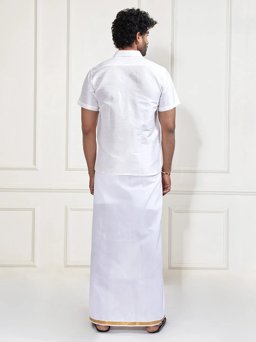 VM By VASTRAMAY Men's White Silk Blend Shirt And Mundu Set