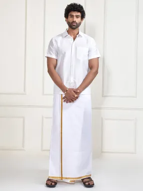 VM By VASTRAMAY Men's White Silk Blend Shirt And Mundu Set